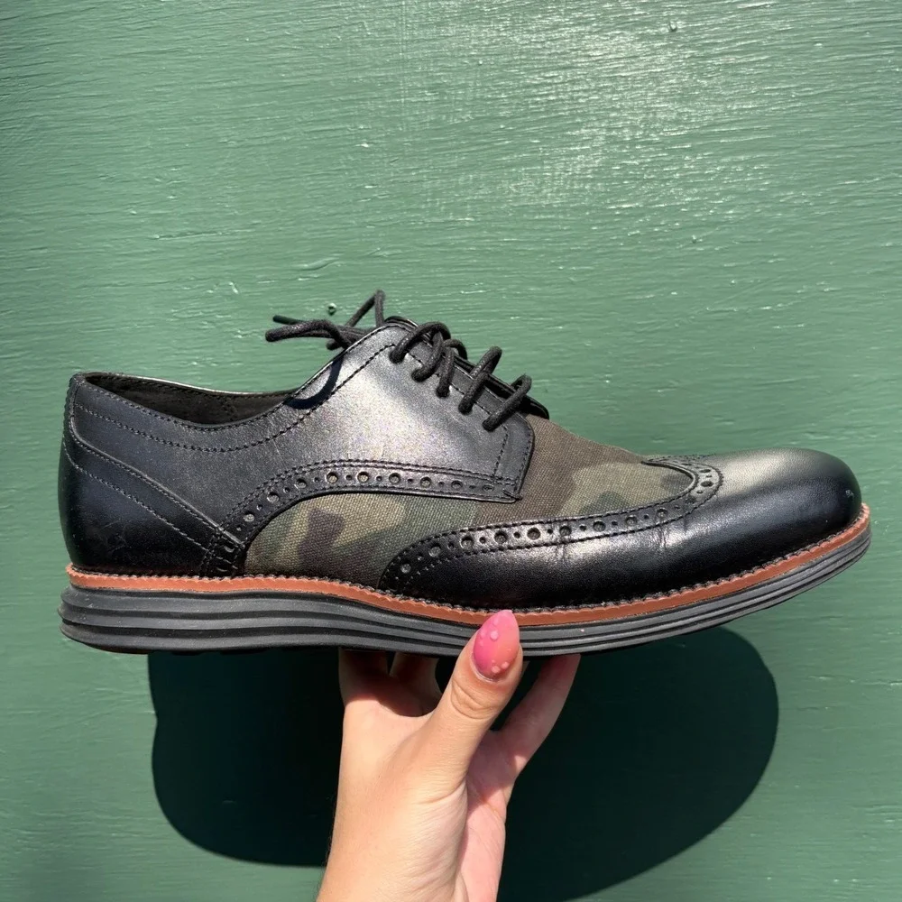 Cole Haan Grand.OS Mens Black Leather Camo Canvas Wingtip Oxford Shoes C23769 9